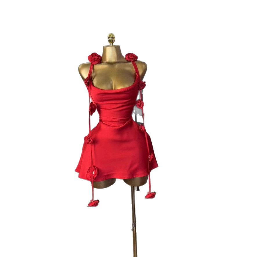Vestido Corto Sin Mangas Floral Silueta A-Line Cintura Alta Detalle Calado Mujer