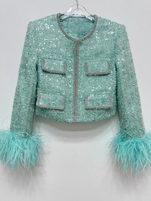 Chaqueta Corta Lana Poliéster Manga Larga Plumas Lentejuelas Glamurosa Elegante Mujer