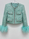 Chaqueta Corta Lana Poliéster Manga Larga Plumas Lentejuelas Glamurosa Elegante Mujer