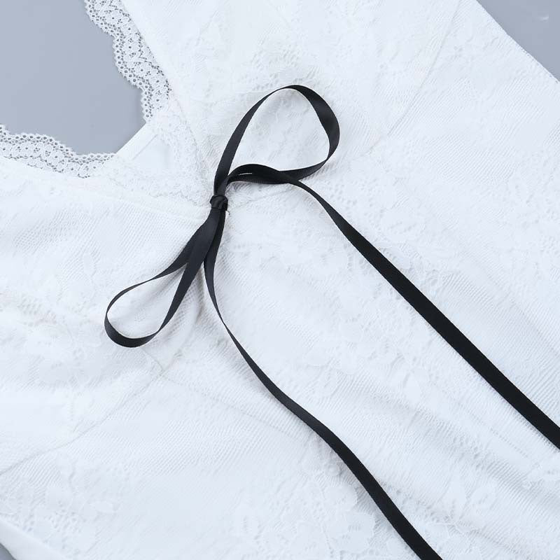 Top Encaje Cuello V Cinta Raso Sin Mangas Mujer