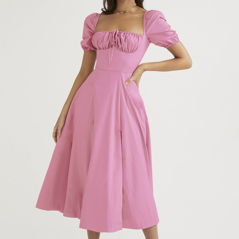 Vestido Largo Manga Burbuja Un Hombro Silueta A-Line con Abertura y Cordón Mujer