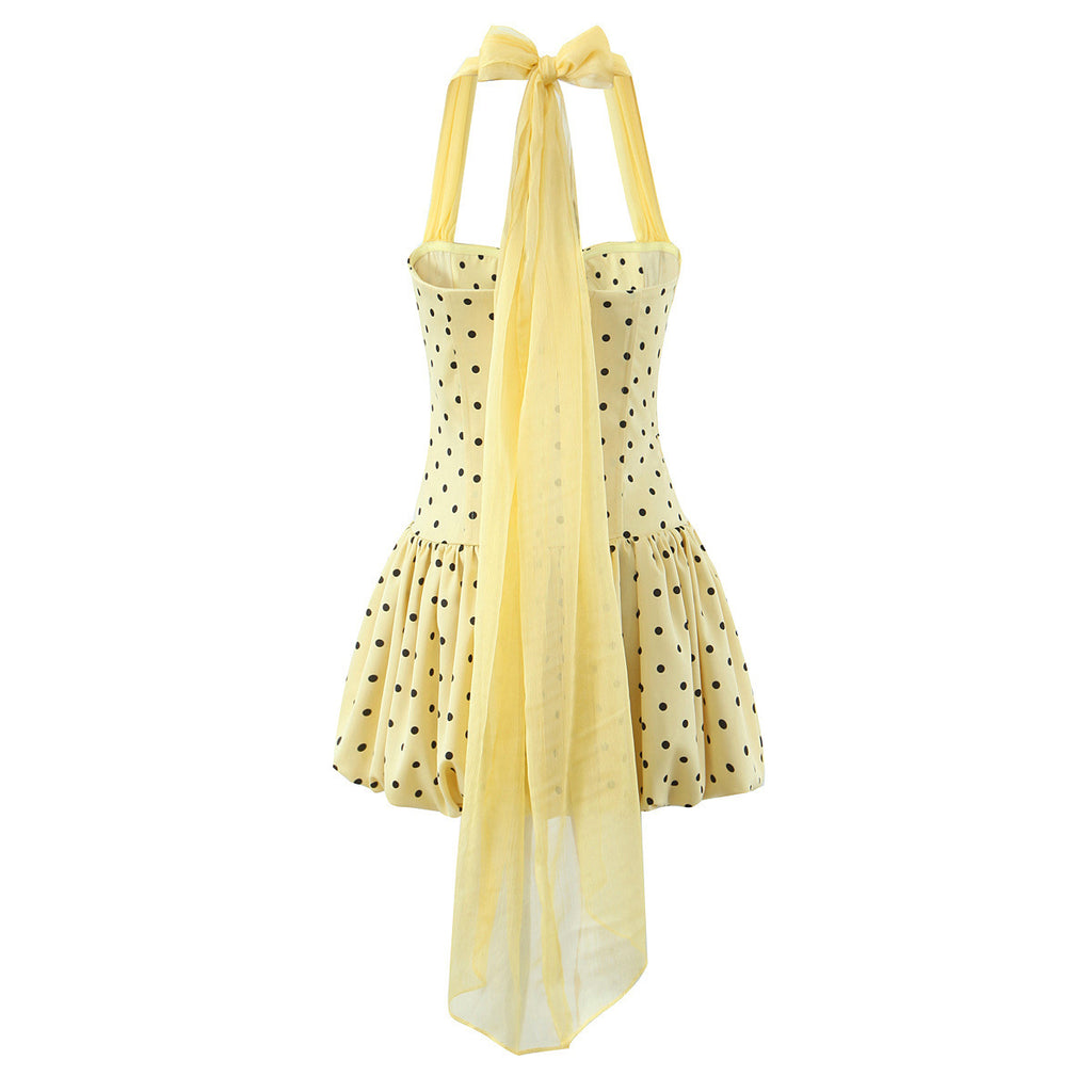 Vestido Corto Halter Transparente Efecto Espiga Silueta A-Line Lunares Mujer