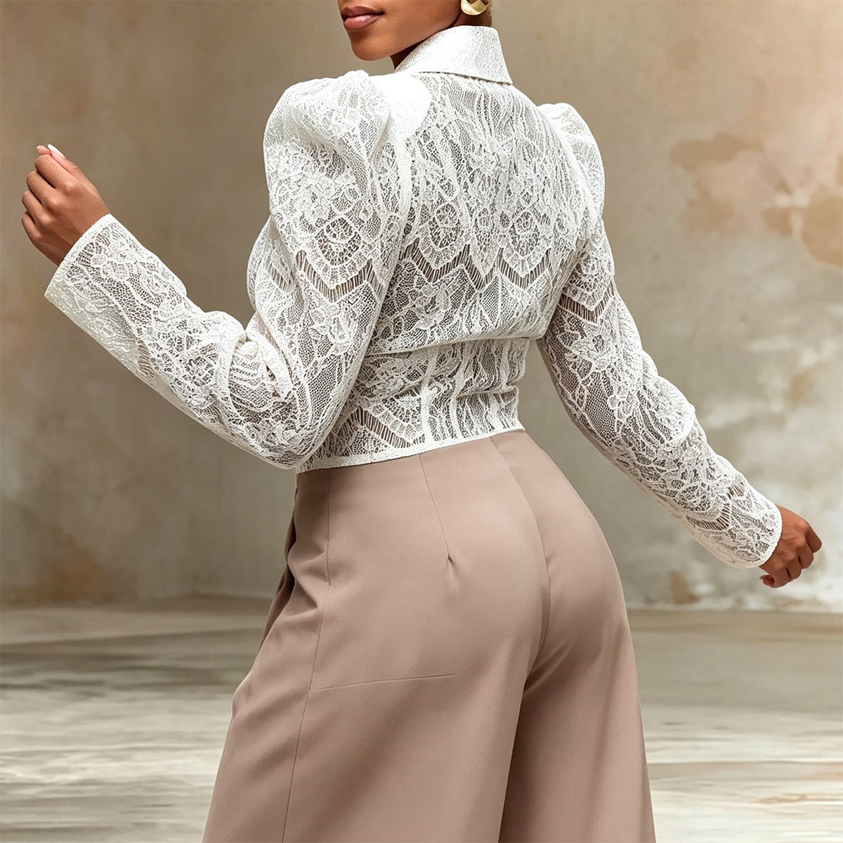 Camisa Blanca Encaje Manga Abullonada Cintura Ceñida Mujer