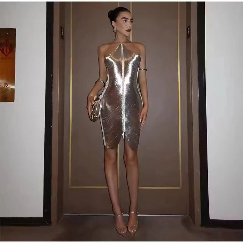 Vestido Mini Slim Halter Metálico Brillante para Mujer, Sin Mangas, Espalda Descubierta, Bodycon, Vestidos de Dama para Fiesta, Club, Noche