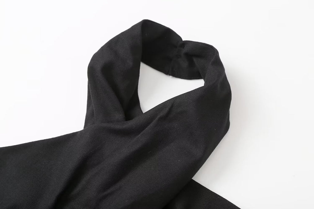 Black Fringe Decorated Halter Neck Linen Dress