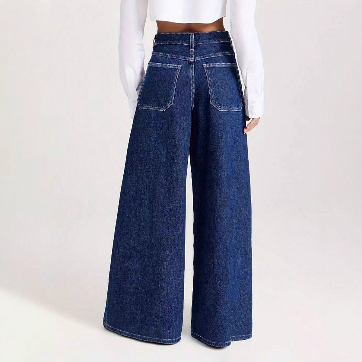 Vaquero Largo Pierna Ancha Talle Medio Strass Bolsillo Denim Lavado Casual Mujer