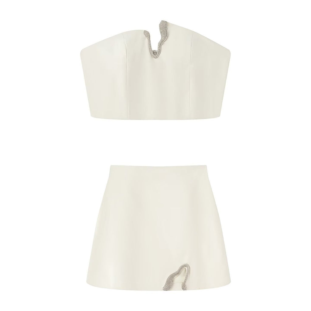 Conjunto Dos Piezas Top Bustier Strass Serpiente Mini Falda Poliéster Glamuroso Sexy Mujer Blanco Negro