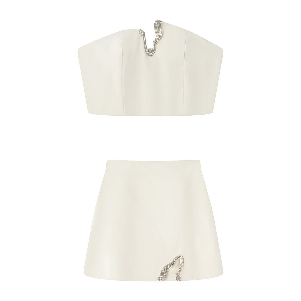 Conjunto Dos Piezas Top Bustier Strass Serpiente Mini Falda Poliéster Glamuroso Sexy Mujer Blanco Negro