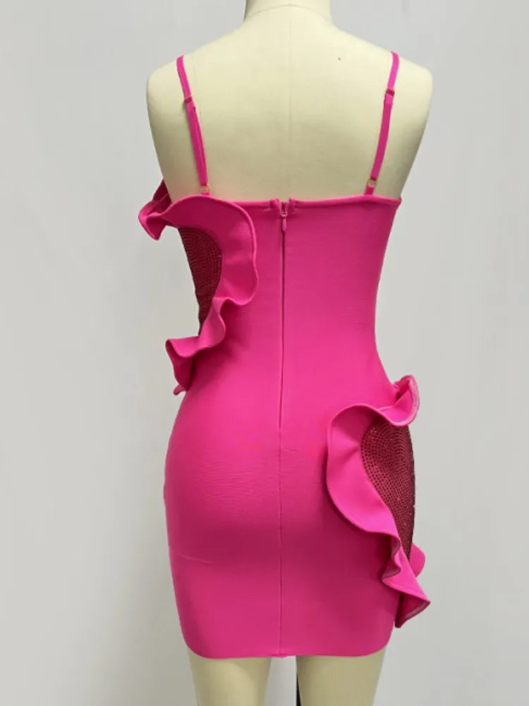 Vestido corto de verano para mujer con volantes sexis, corazón, diamantes de diseño, rosa, elegante para fiesta, club o noche.