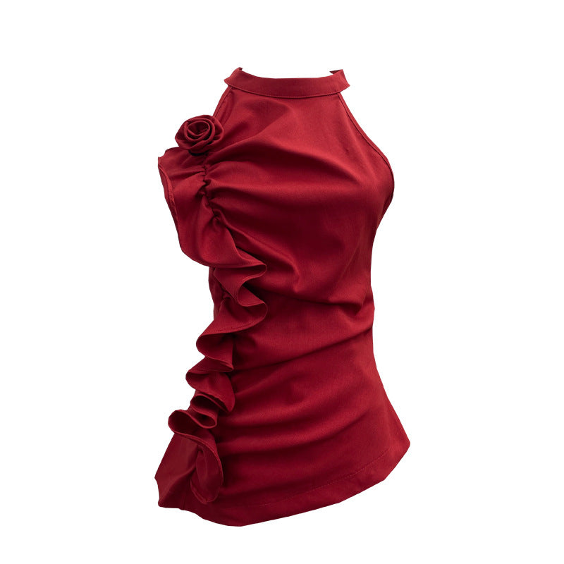 Sleeveless ruffled three-dimensional flower top
