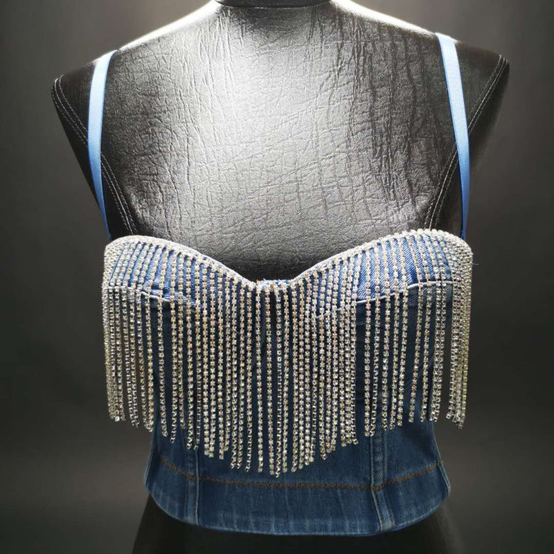 Denim Strapless Top with Tassel and Rhinestone Design for Women