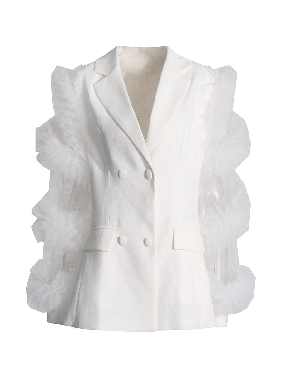 Blazer Estilo Británico Poliéster Cuello Traje Doble Botonadura Manga Volante Tul Empalmado Elegante Commuter Mujer Blanco