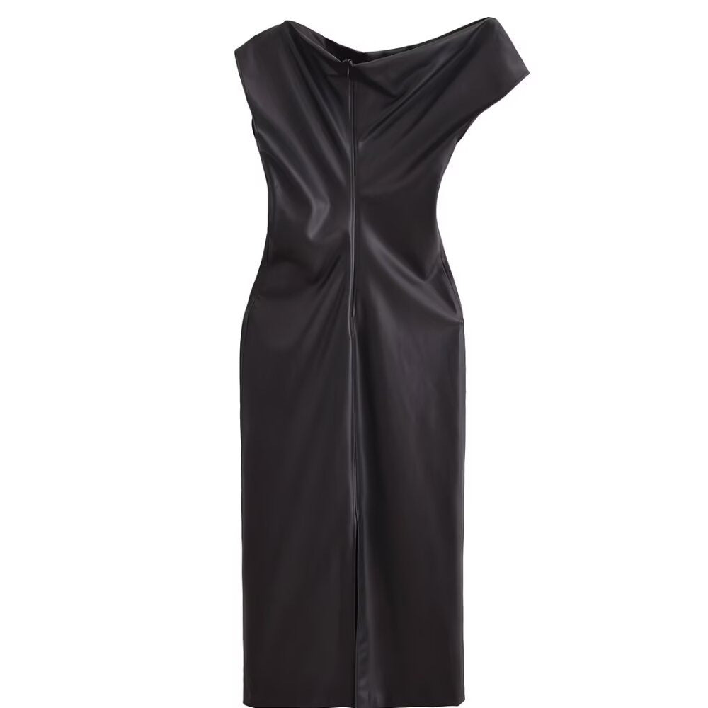 Vestido Largo Asimétrico Polipiel Plisado Manga Corta Slim Fit Mujer