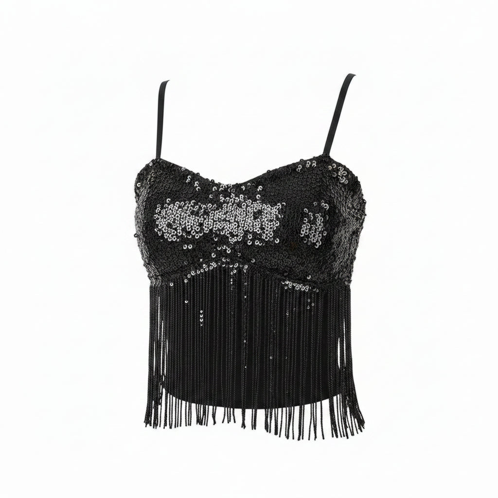 Camiseta sin mangas con escote halter, fleculos y lentejuelas