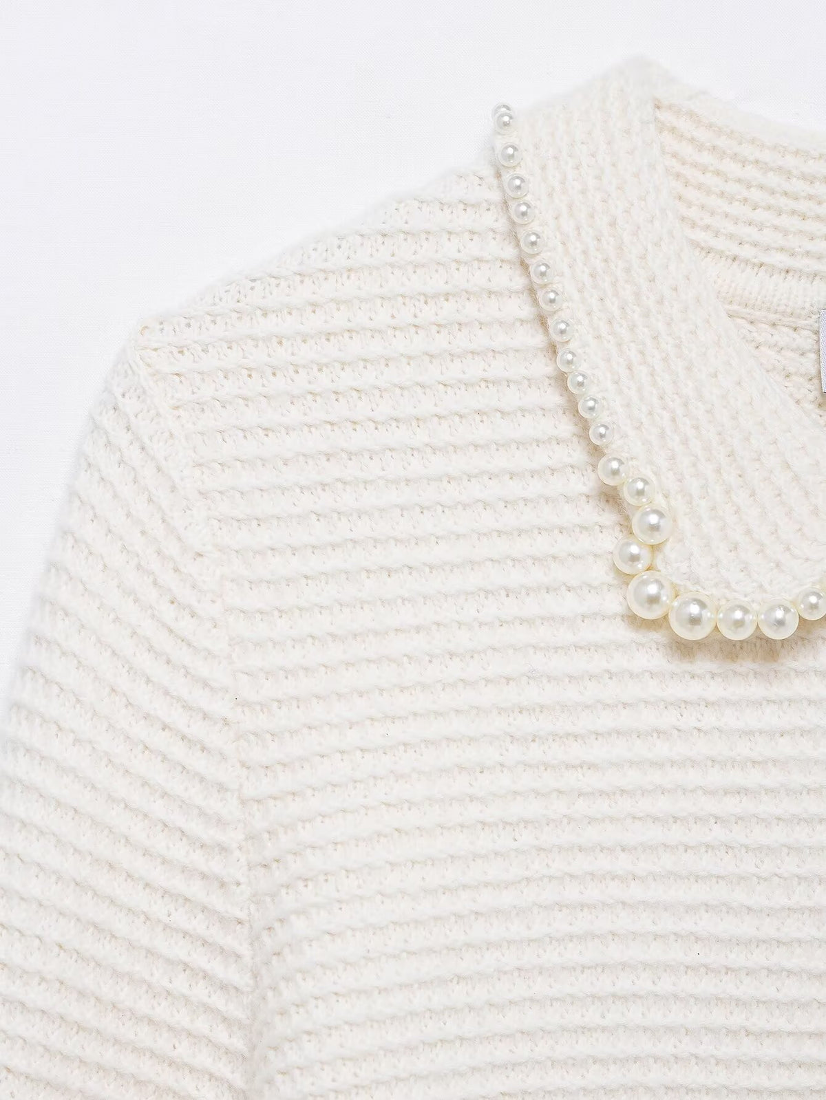 Conjunto Dos Piezas Chaqueta Punto Perlas Cuello Vuelto Mini Falda Poliéster Chic Casual Mujer Blanco