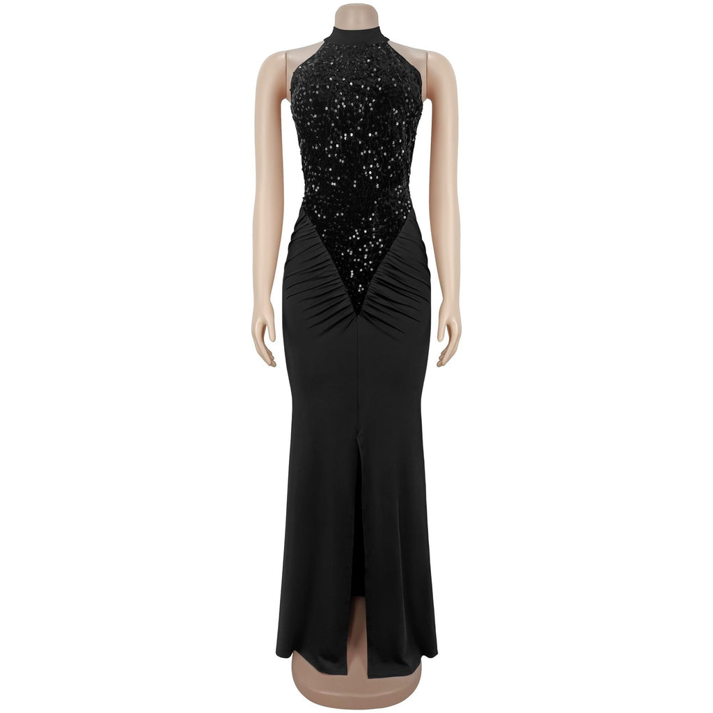 Vestido Largo Bodycon Sin Mangas Cuello Alto Pedrería Terciopelo Lentejuelas Abertura Elegante Mujer