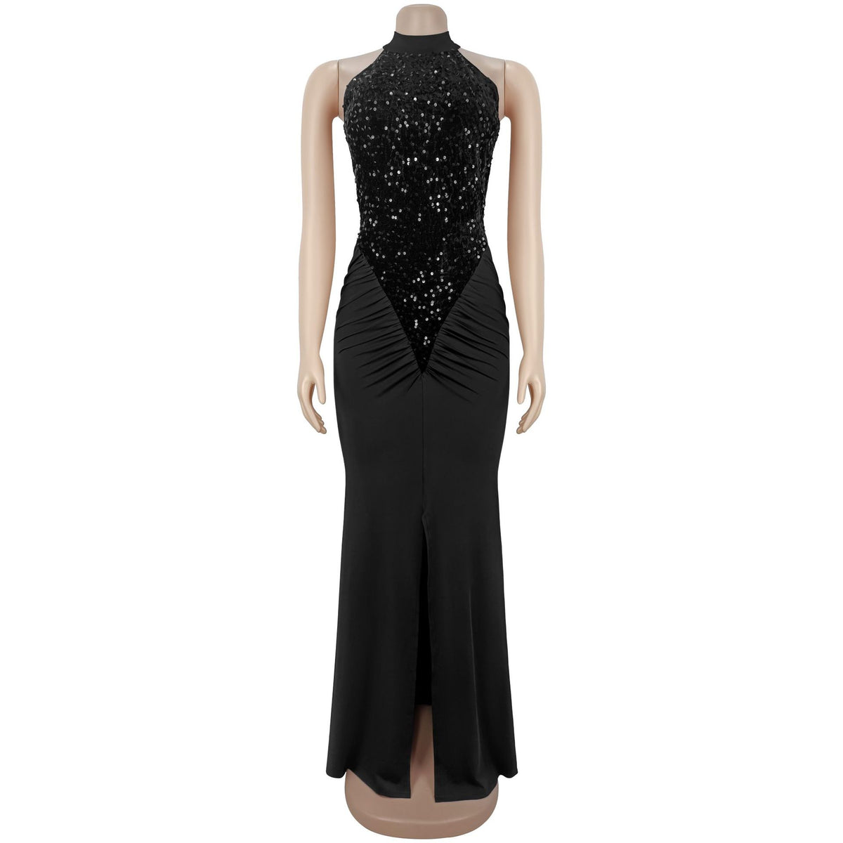 Vestido Largo Bodycon Sin Mangas Cuello Alto Pedrería Terciopelo Lentejuelas Abertura Elegante Mujer