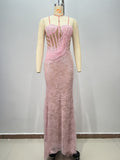 Vestido Largo Poliéster Un Hombro Sin Tirantes Espalda Descubierta Ballenas Abalorios Lentejuelas Ajustado Elegante Fiesta Mujer Rosa