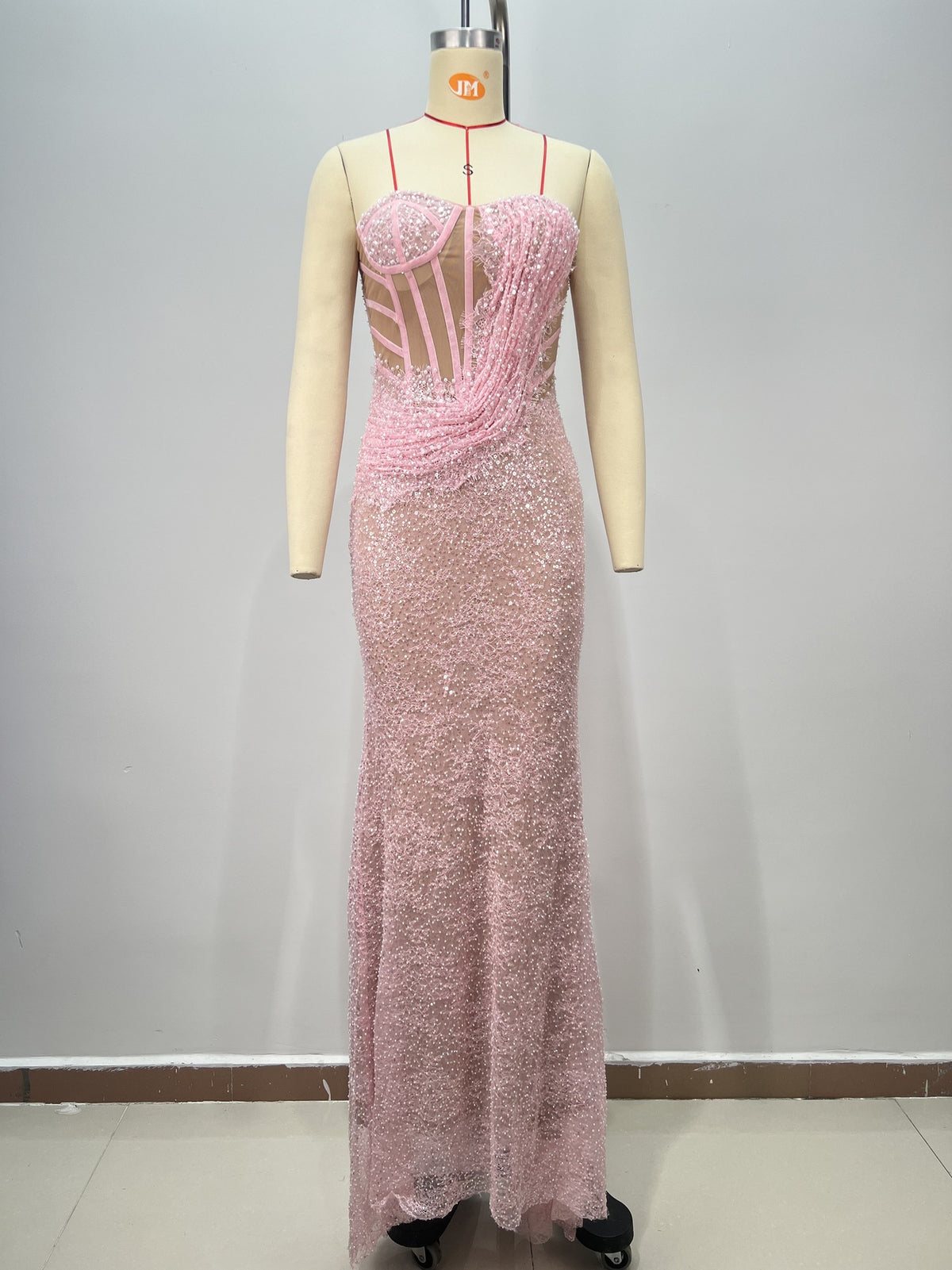 Vestido Largo Poliéster Un Hombro Sin Tirantes Espalda Descubierta Ballenas Abalorios Lentejuelas Ajustado Elegante Fiesta Mujer Rosa