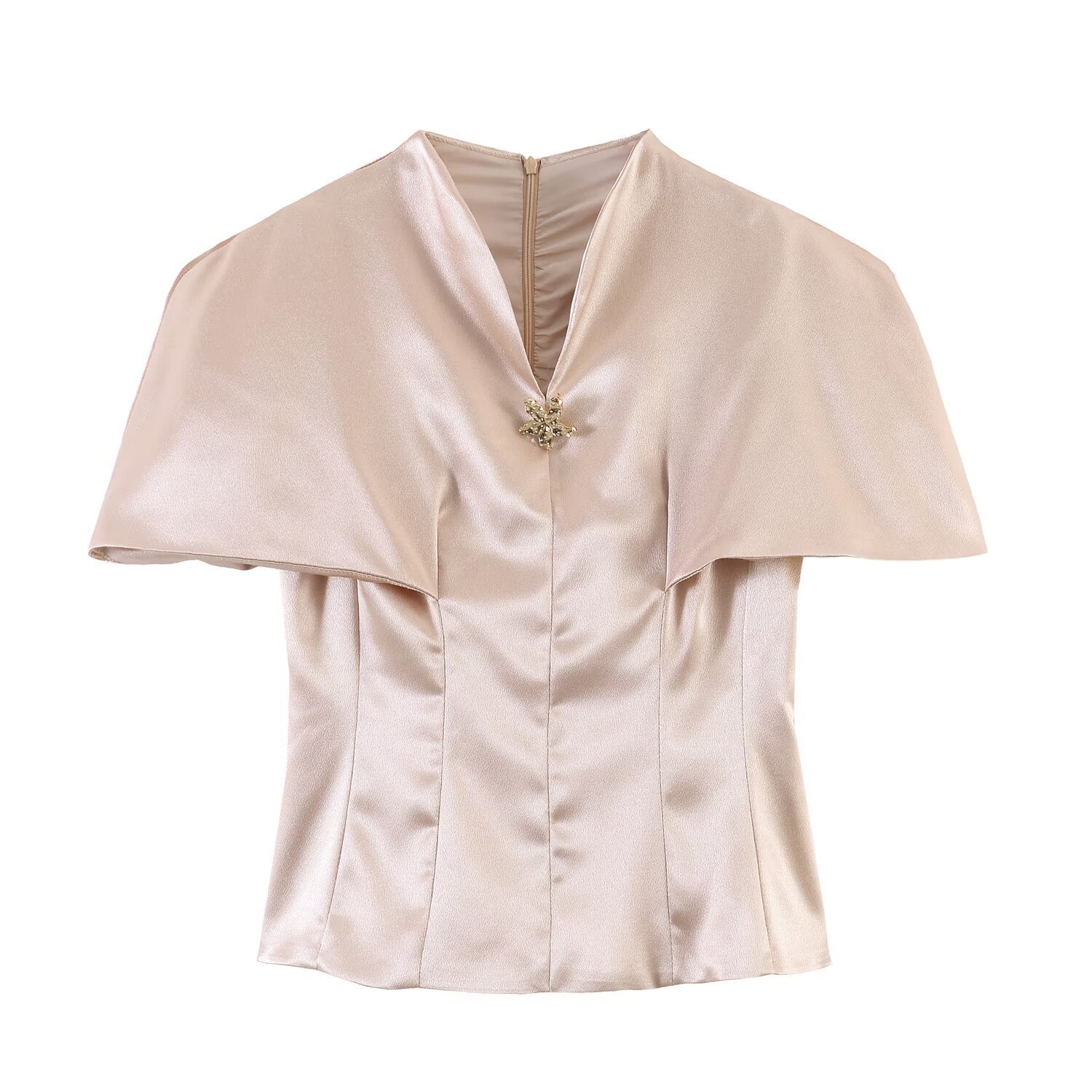 Satin standing collar cape waist cinched top