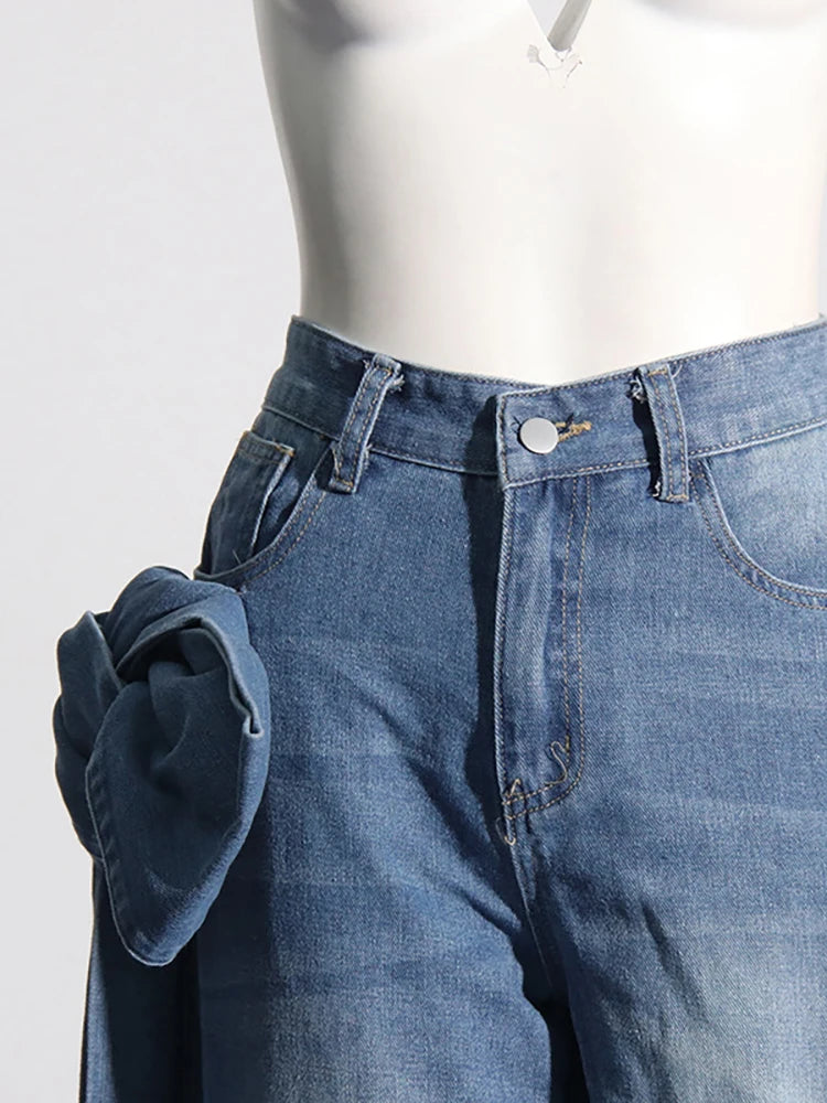 Vaqueros Pierna Ancha Cintura Alta Asimétrico Lazo Patchwork Denim Mujer