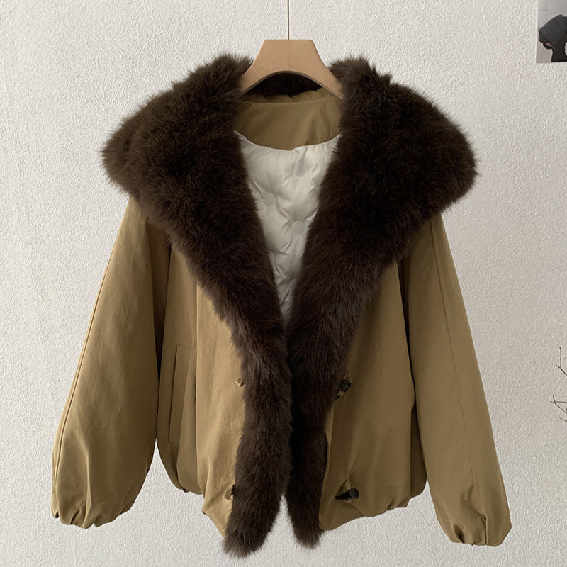 Parka Poliéster Holgada Cuello Pelo Sintético Zorro Desmontable Manga Raglán Gruesa Retro Talla Única Mujer Albaricoque Verde Militar Camel Negro