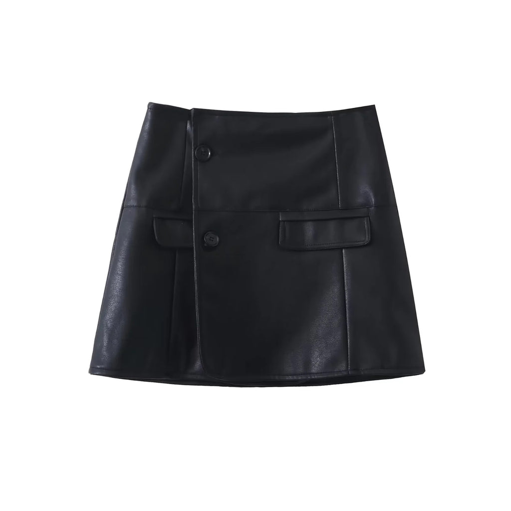 Conjunto Dos Piezas Blazer Cropped Cuero Sintético PU Mini Falda Botones Streetwear Chic Otoño Mujer