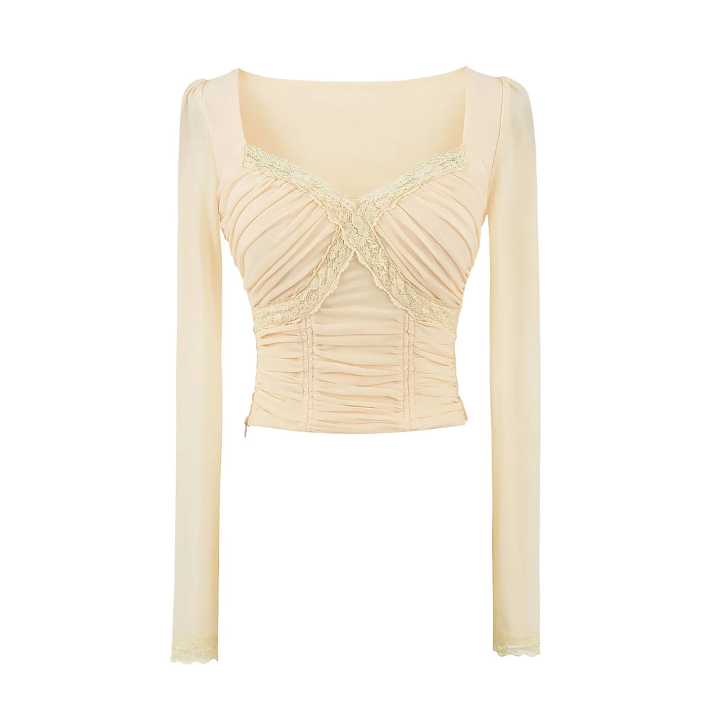 Lace patchwork V-neck long sleeved T-shirt with chest cushion