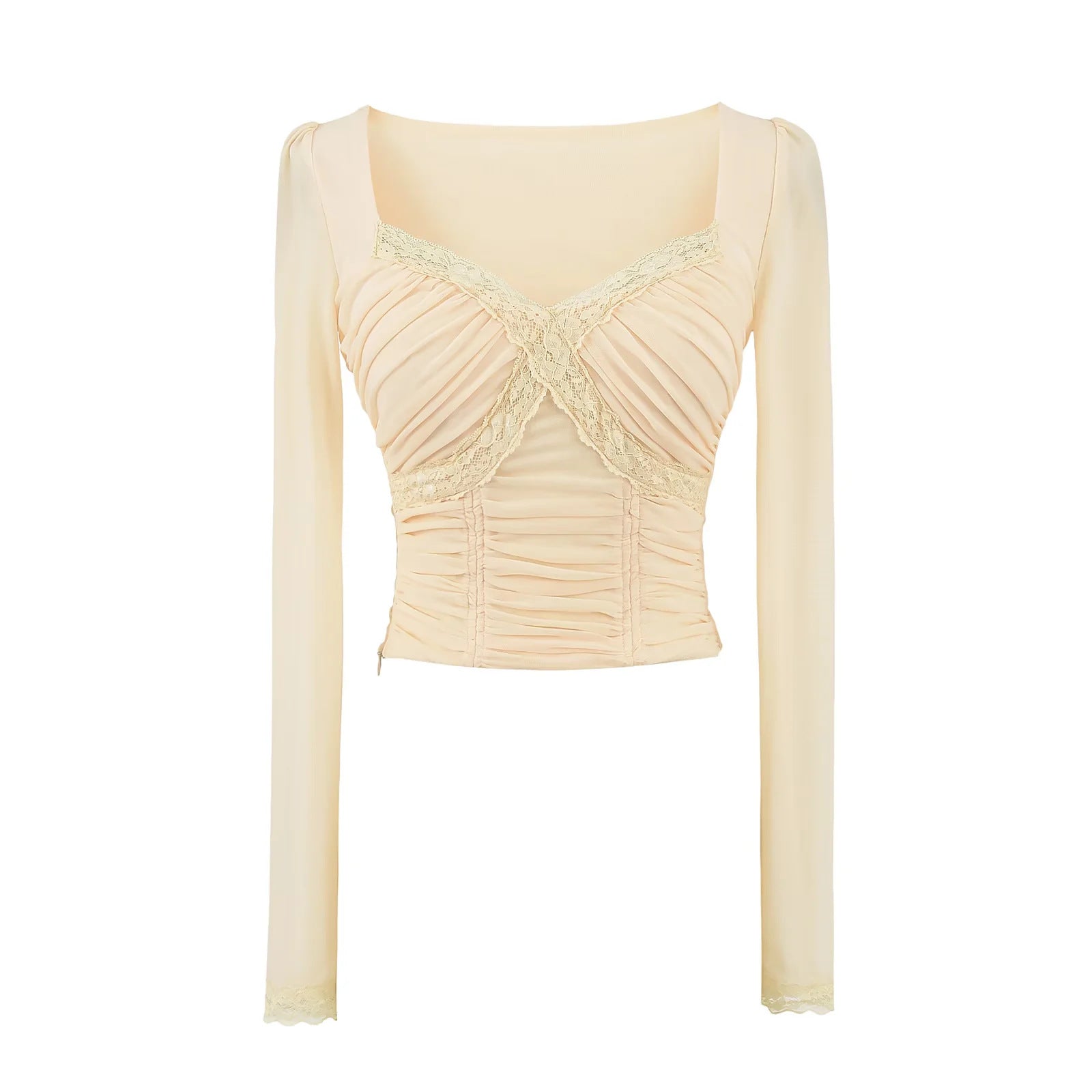 Lace patchwork V-neck long sleeved T-shirt with chest cushion