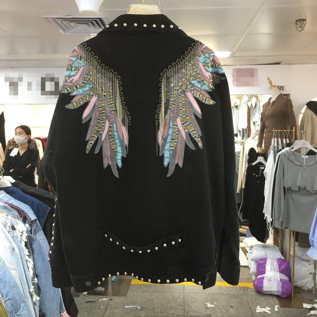 Chaqueta Vaquera Denim Algodón Holgada Manga Murciélago Bordado Alas Flecos Street Primavera Otoño Mujer Negro Azul