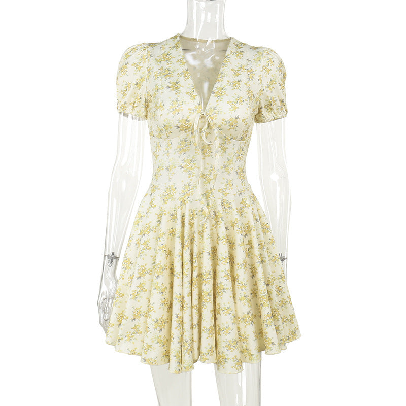 Vestido Largo Floral Escote en V Manga Corta Cintura Alta Silueta A-Line Mujer