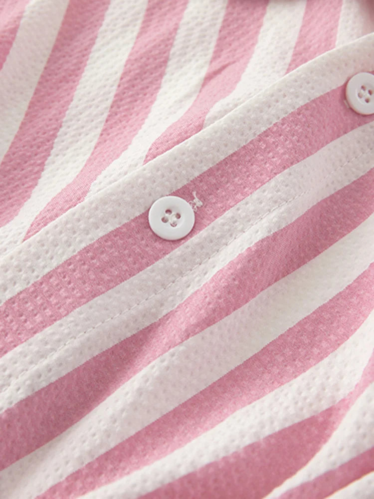 Women pink Color Striped Bow Casual Blouse New Lapel Long Sleeve Loose Fit Shirt Fashion Tide Spring Autumn