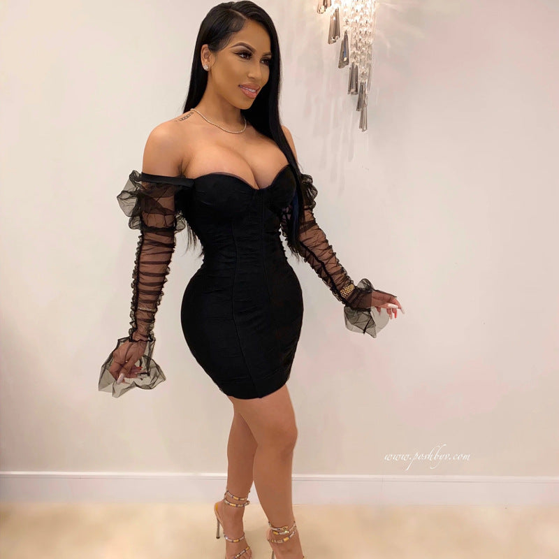 Vestido Sexy para salir con mangas transparentes y fruncidas