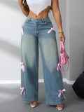 Vaquero Pierna Ancha Talle Alto Lazo Bolsillos Botones Denim Mujer