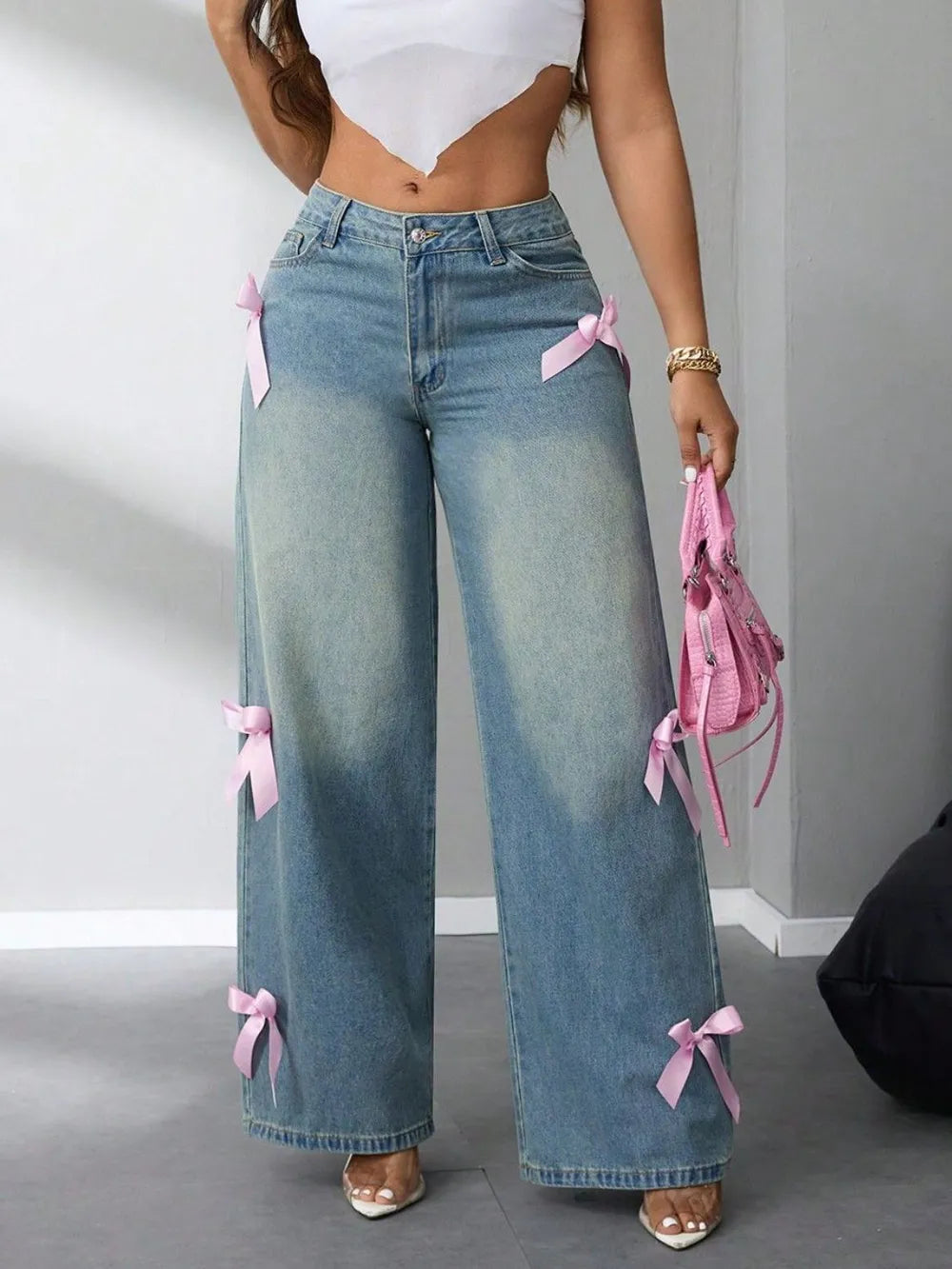 Vaquero Pierna Ancha Talle Alto Lazo Bolsillos Botones Denim Mujer
