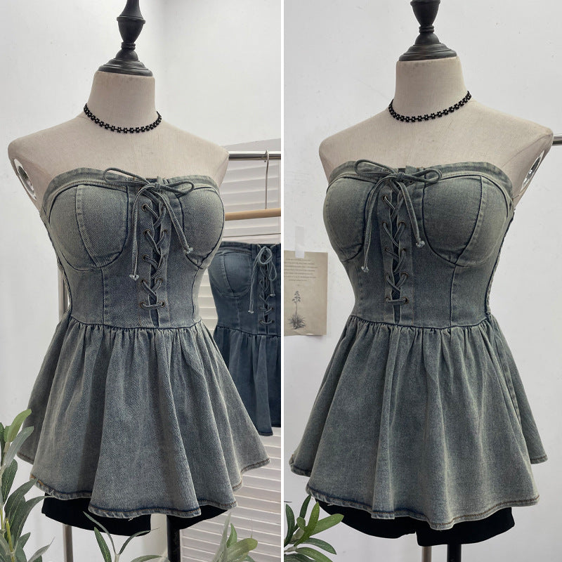 Strapless denim vest with rope tie and sleeveless top