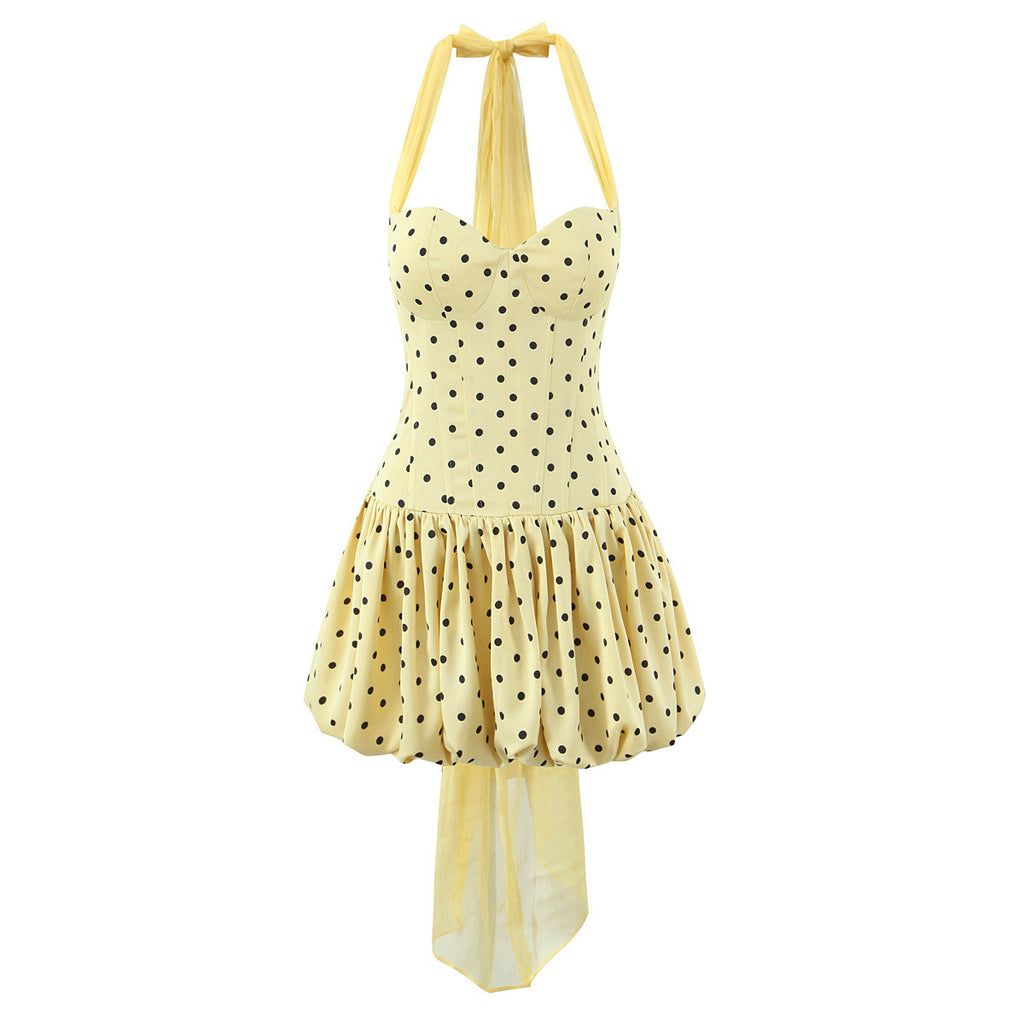 Vestido Corto Halter Transparente Efecto Espiga Silueta A-Line Lunares Mujer
