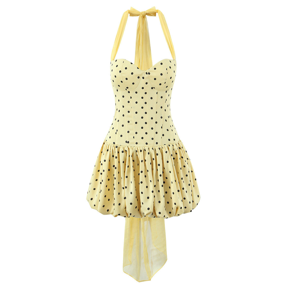 Vestido Corto Halter Transparente Efecto Espiga Silueta A-Line Lunares Mujer