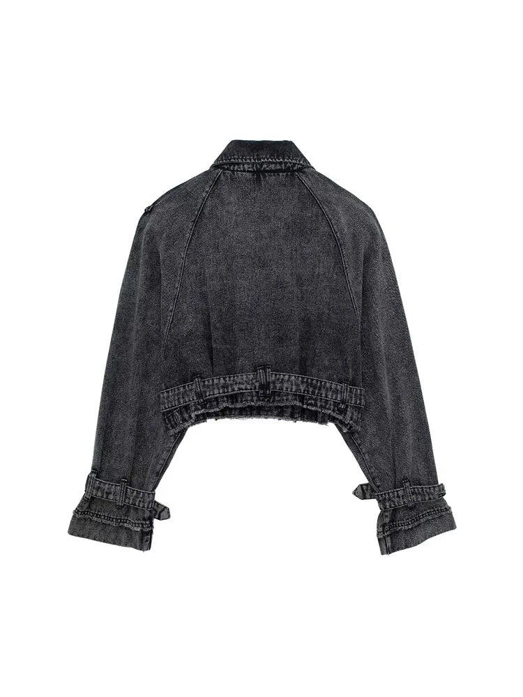 Chaqueta Vaquera Corta Denim Algodón Cinturón Manga Larga Solapa Bomber Streetwear Otoño Mujer