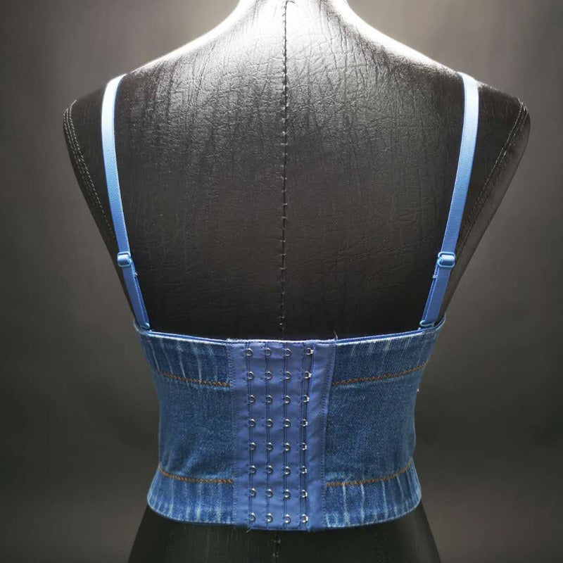 Top corto tipo corsé de mezclilla desgastada para fiesta, con tirantes finos, bustier sexy, lentejuelas brillantes, flecos y pedrería.