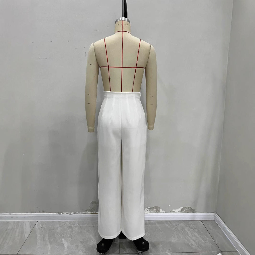 Pantalón Largo Recto Cintura Alta Irregular con Bolsillos Elegante Mujer