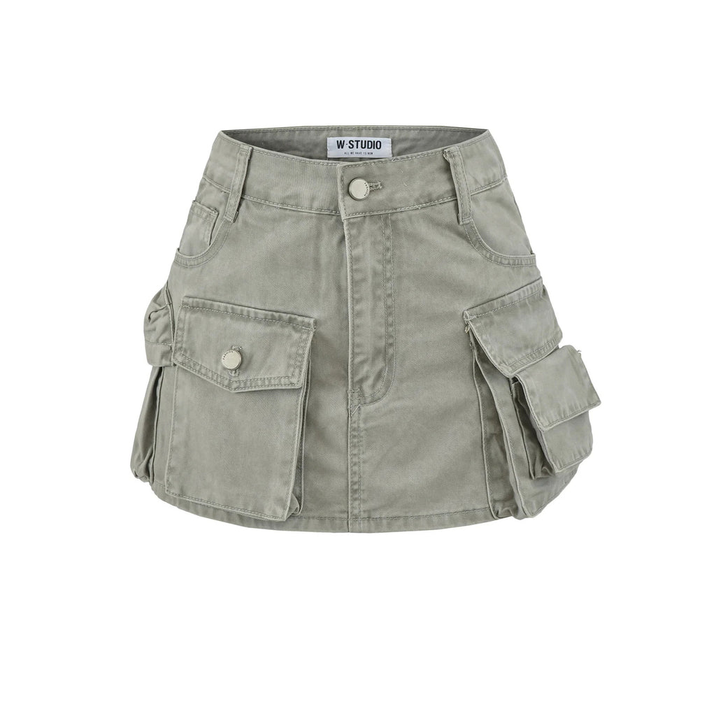 Washed Denim Cargo Skirt for Women, High-Quality A-Line Mini Skirt with Large Pockets, Mid-Low Waist