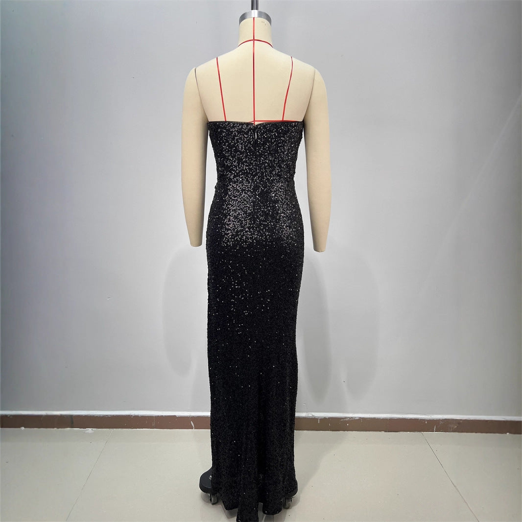 Vestido Largo Poliéster Sin Tirantes Halter Lentejuelas Escote V Sin Mangas Ajustado Elegante Fiesta Noche Mujer Negro
