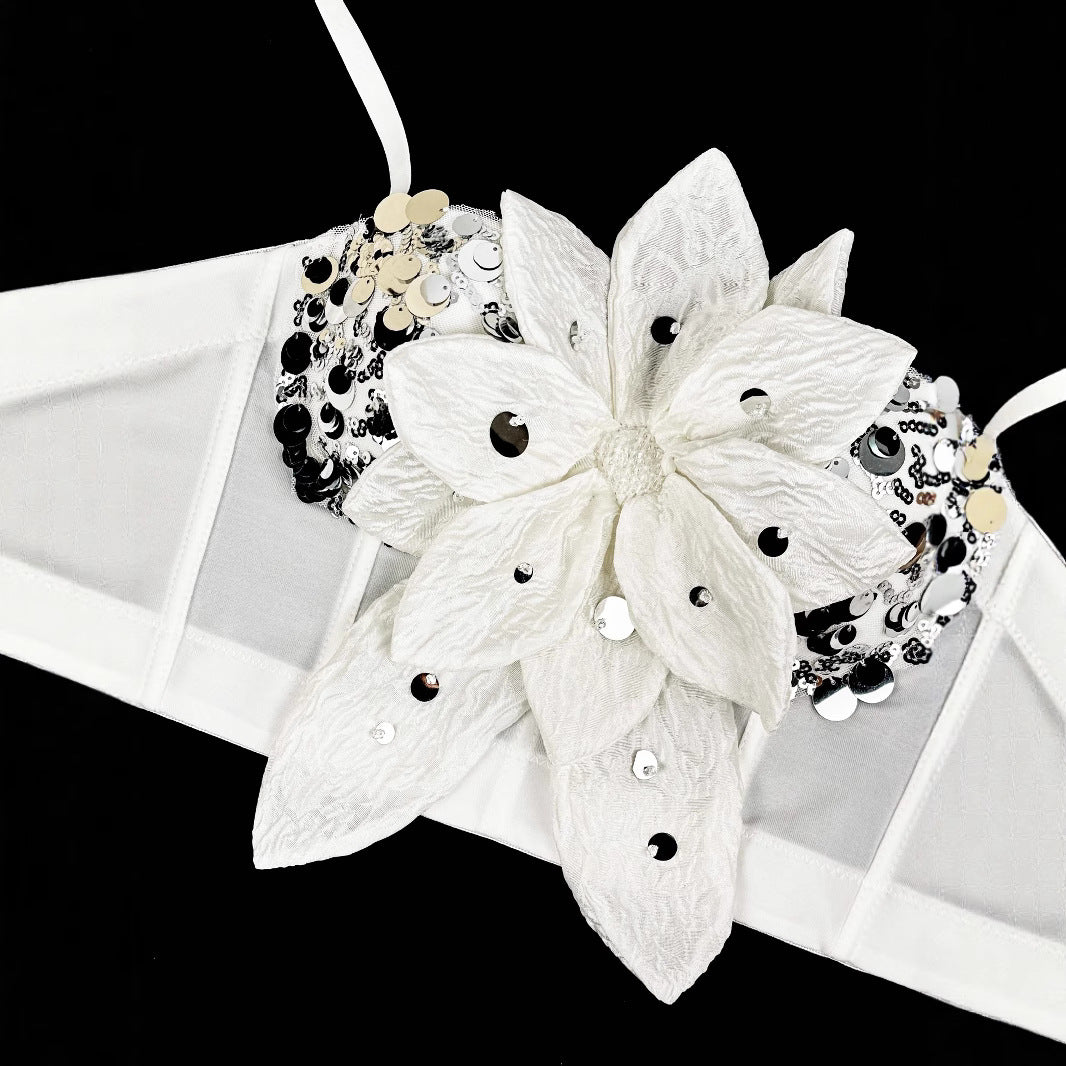 Top Bustier Lentejuelas Flores 3D Strass Moldeador Mujer