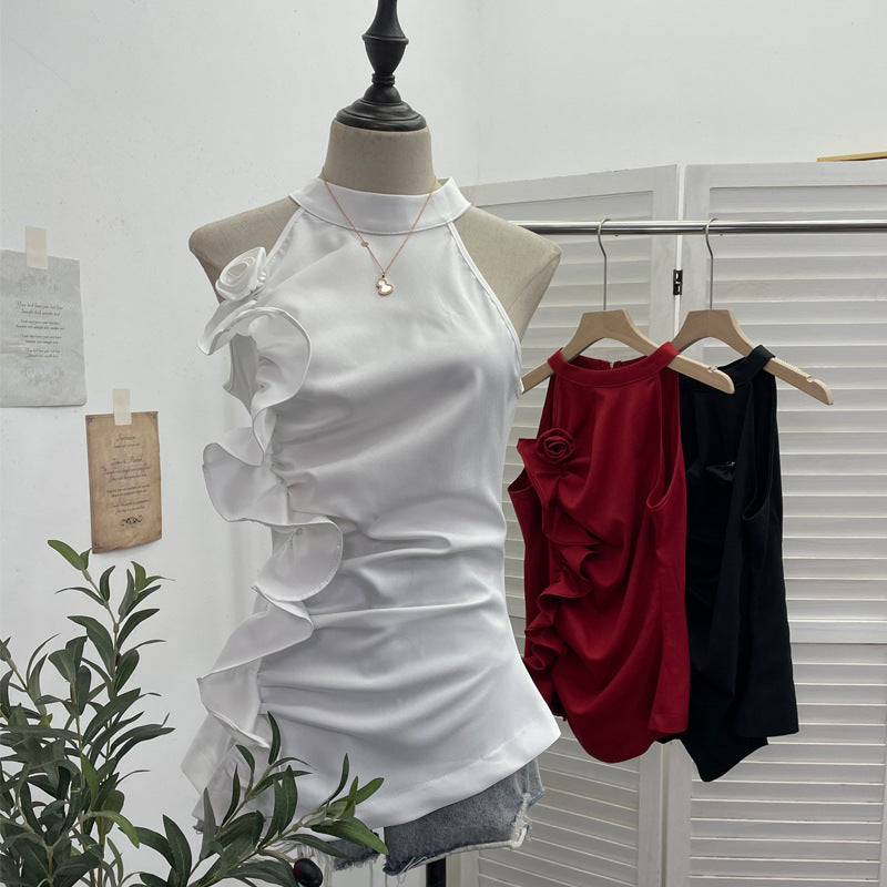 Sleeveless ruffled three-dimensional flower top