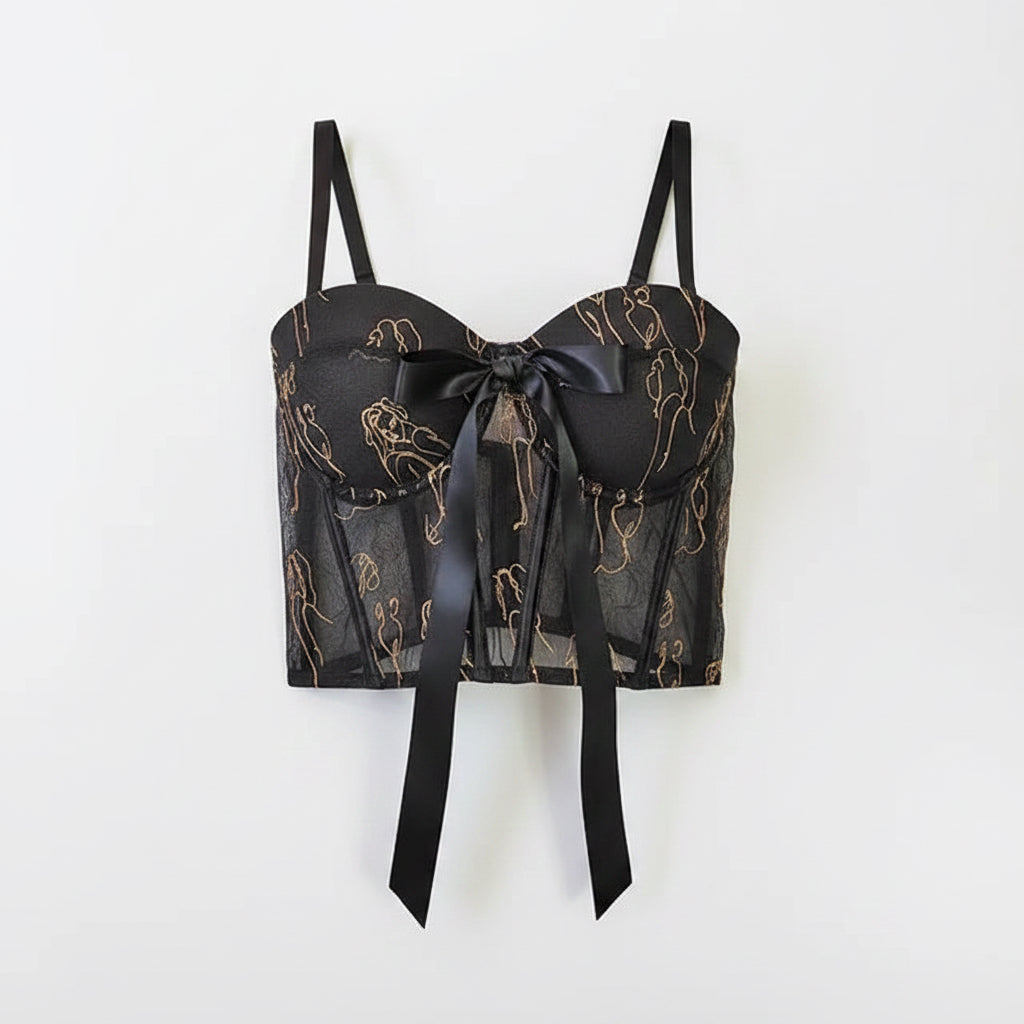 Top de tirantes de moda con dulces flores, crop top con corsé de malla bordada para mujer, elegante para fiestas, discotecas, bustier de estilo urbano y ropa festiva.
