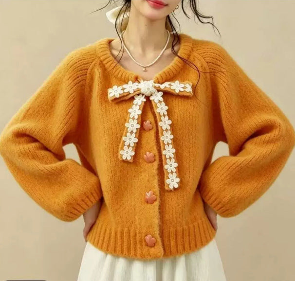 Soft Style Bow Flower Tie-Neck Knit Cardigan for Women