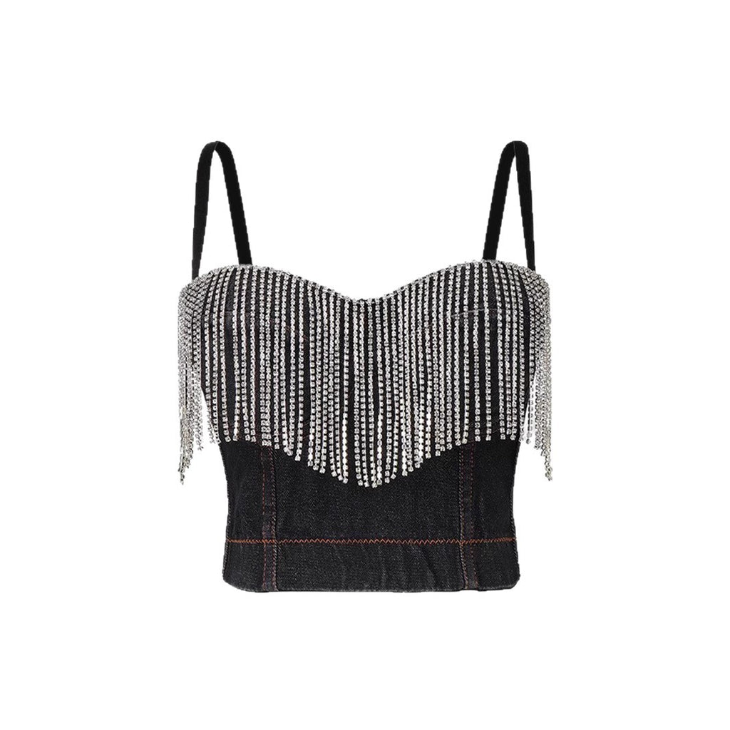 Denim Strapless Top with Tassel and Rhinestone Design for Women