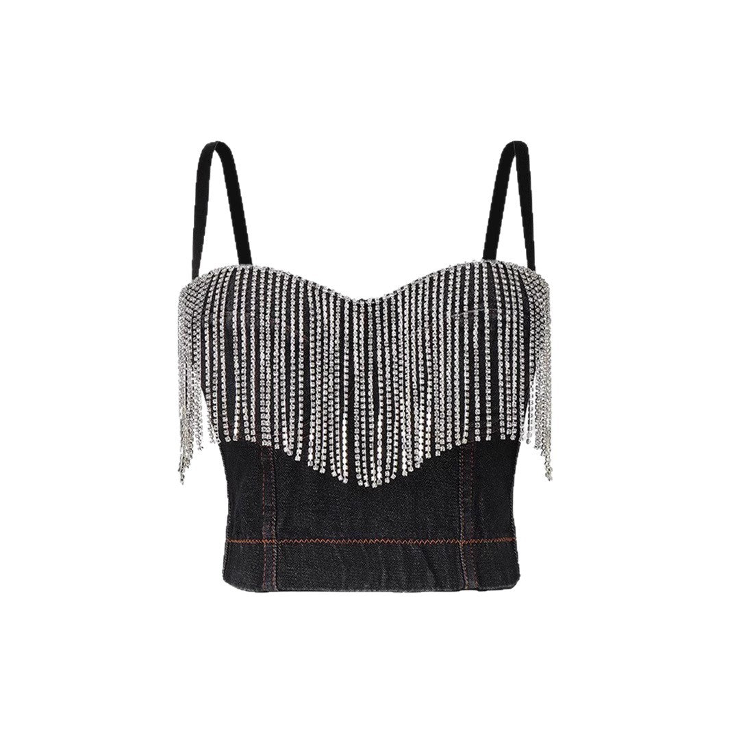 Denim Strapless Top with Tassel and Rhinestone Design for Women