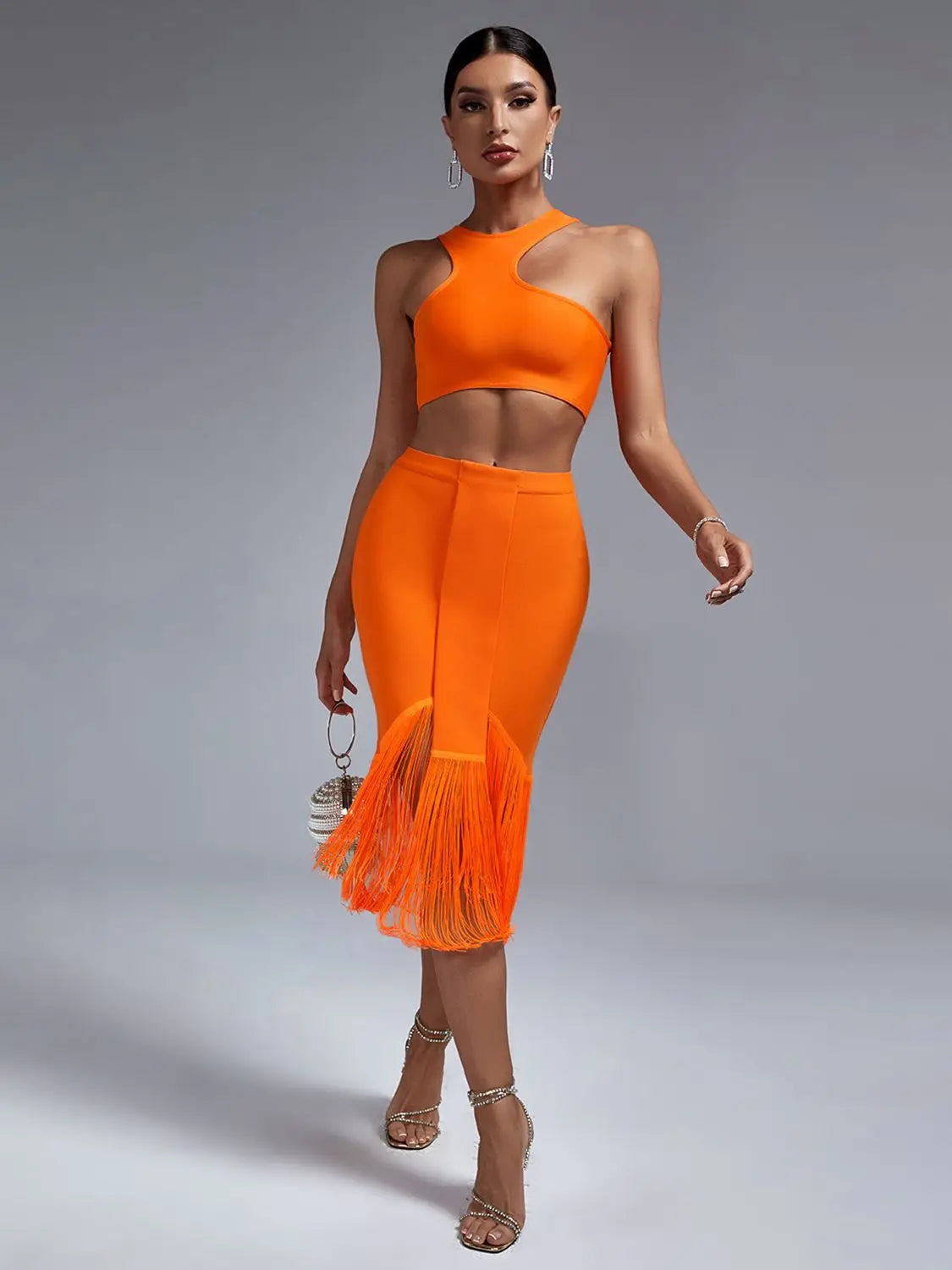 Conjunto de Dos Piezas de Vendaje para Mujer: Top y Falda Elegante, Sexy, con Flecos en Naranja